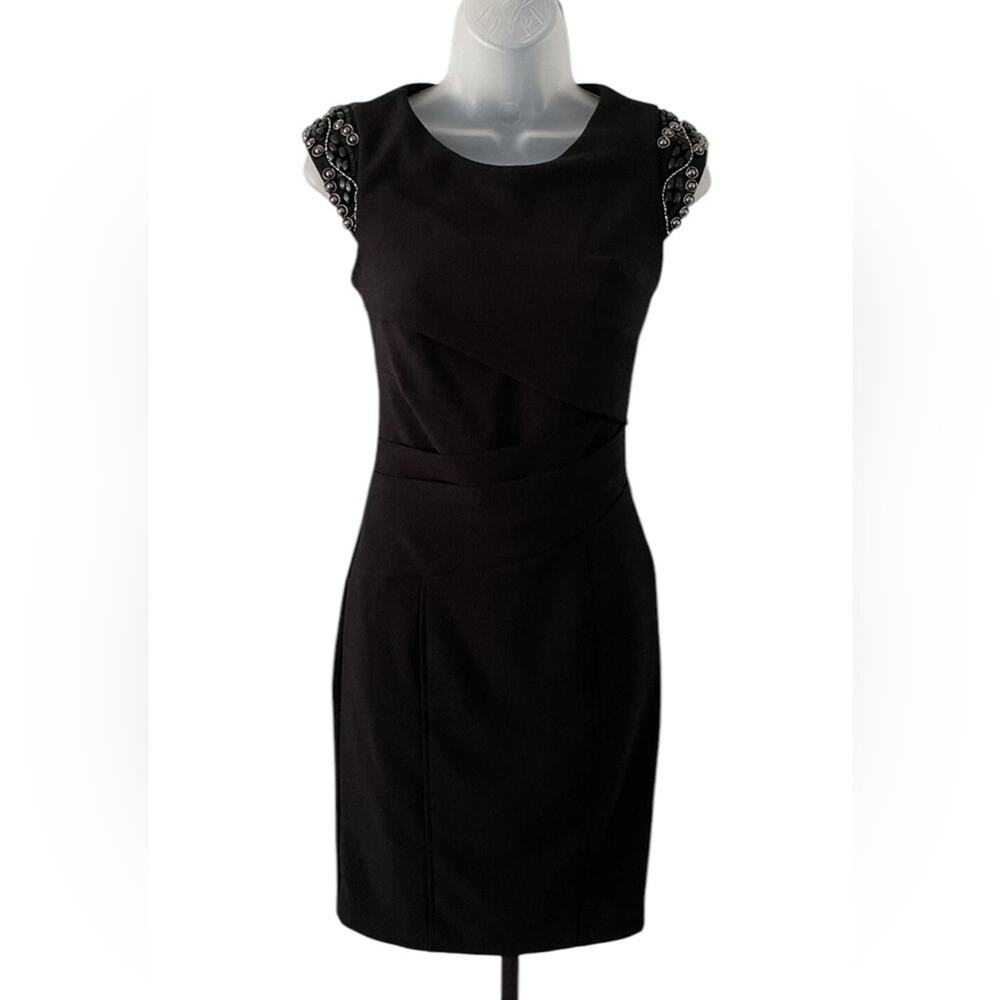 Y2K XOXO Midi Dress Size S 3/4 Black Peplum Embellished Cap Sleeve Sheath Pencil